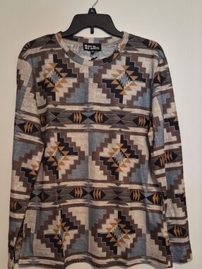 NWT 2Fly Co. Aztec Pattern Long Sleeve Top in Blue, Brown & Tan SZ XL